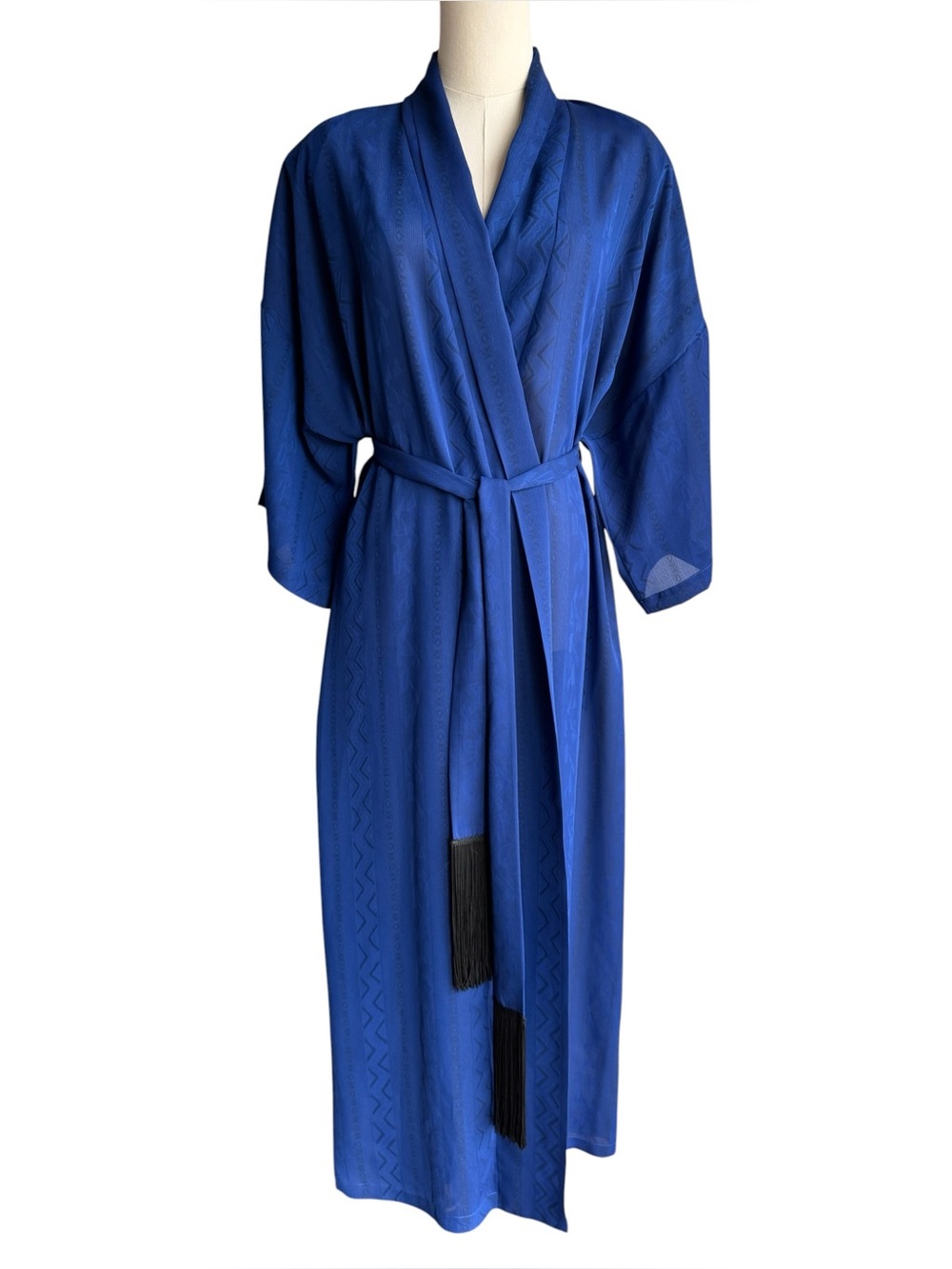 Vintage Cobalt Blue Jacquard Robe O/S Belted Tassel Lounge Kimono Dressing Gown